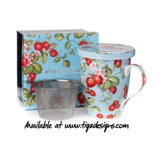 Strawberries Forever Tea mug, Infuser & Lid - McIntosh Fine Bone China (gift boxed)